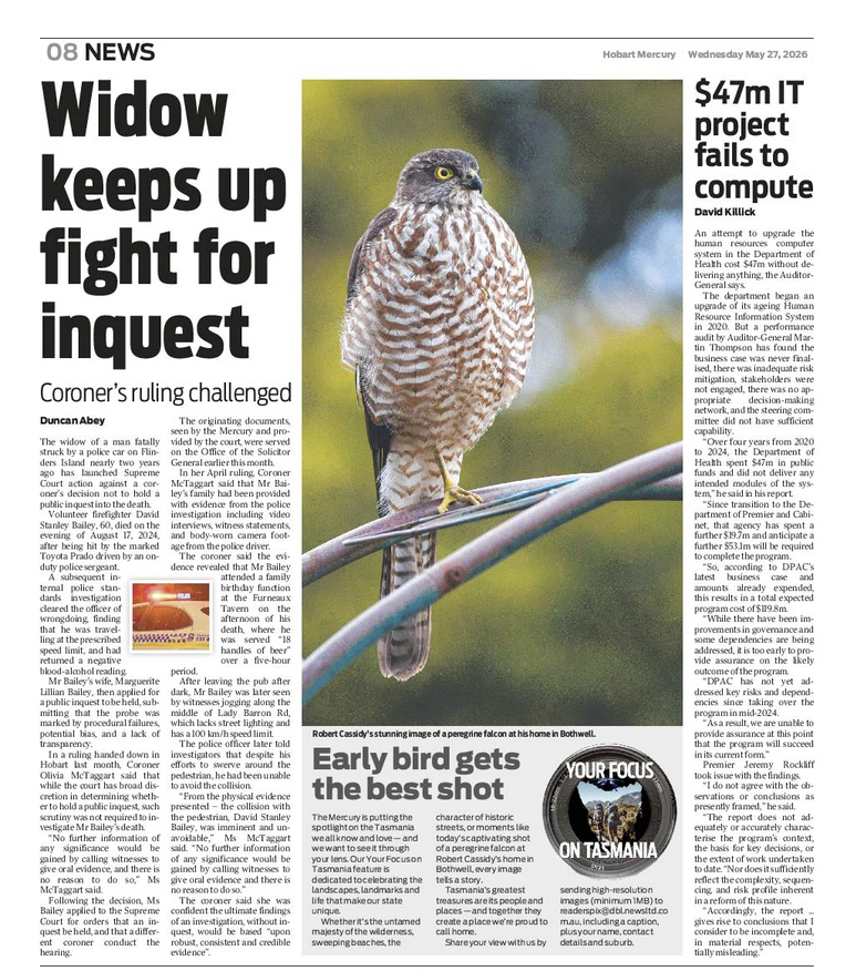 Hobart Mercury newspaper, Wednesday, May 27, 2026 Hobart Mercury newspaper, Wednesday, May 27, 2026